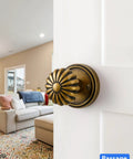 Antique Brass Passage Door Knob For Interior Doors No Lock Needed, Vintage Aluminum Alloy Knob on white door in living room