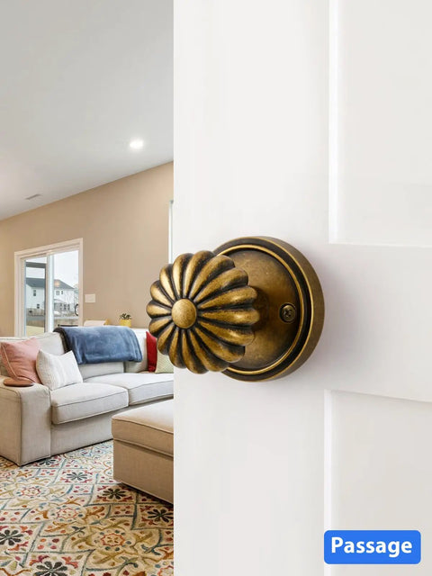 Antique Brass Passage Door Knob For Interior Doors No Lock Needed, Vintage Aluminum Alloy Knob on white door in living room