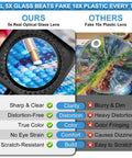 Comparison of 5X Real Glass Floor Magnifier With Light And Stand and fake 10X plastic lens showing clarity and distortion differences.