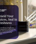 Sleek Black Glass Storage Jar With Airtight Seal Keeps Your Goodies Fresh And Secure, shown in sunlight blocking UV light.
