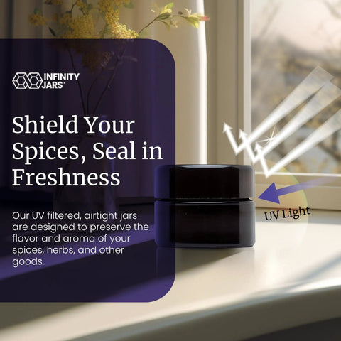 Sleek Black Glass Storage Jar With Airtight Seal Keeps Your Goodies Fresh And Secure, shown in sunlight blocking UV light.