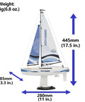 Voyager 280 2.4GHz RC Sailboat With Detachable Electric Motor Blue Finish showing dimensions and weight