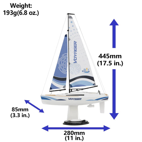 Voyager 280 2.4GHz RC Sailboat With Detachable Electric Motor Blue Finish showing dimensions and weight