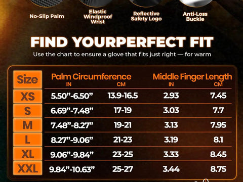 Sizing chart for Winter Waterproof Ski Gloves For Men And Women Ultra Warm Thermal Gloves With Touchscreen Fingers.