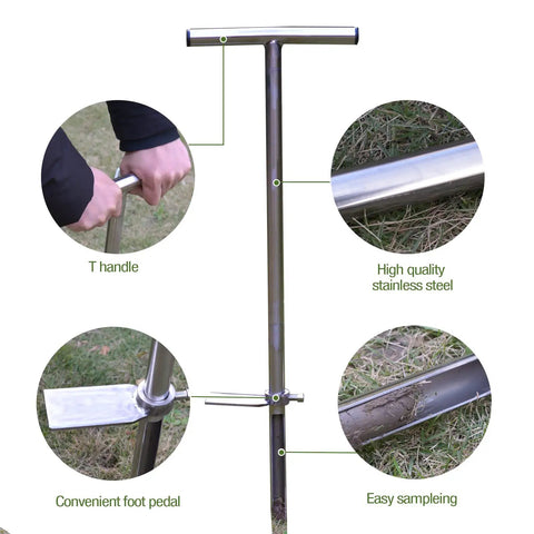 36 Inch Stainless Steel Soil Probe With Foot Pedal And Reusable Sample Bags for soil sampling featuring T handle and durable materials.