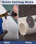 Do It All Rotary Tool Cutting Wheel Set with resin discs cutting metal and plastic pipes, showing adaptability and precision.
