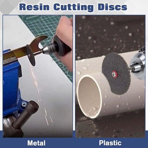 Do It All Rotary Tool Cutting Wheel Set with resin discs cutting metal and plastic pipes, showing adaptability and precision.