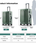 All Aluminum Carry On Luggage Airline Approved 20 Inch Hardside Spinner With Cup Holder And USB Charger TSA Lock in dark green