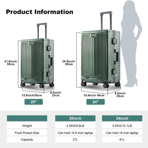 All Aluminum Carry On Luggage Airline Approved 20 Inch Hardside Spinner With Cup Holder And USB Charger TSA Lock in dark green