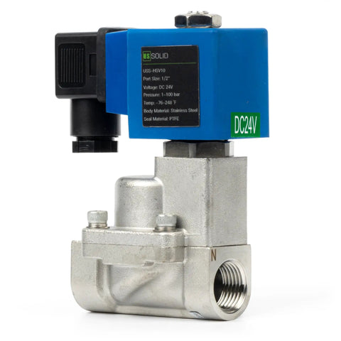 Industrial High Pressure Solenoid Valve 24V DC Stainless Steel Body Handles Up To 100 Bar Temperature Range Minus 76 To 248 Fahrenheit Heat Resistant