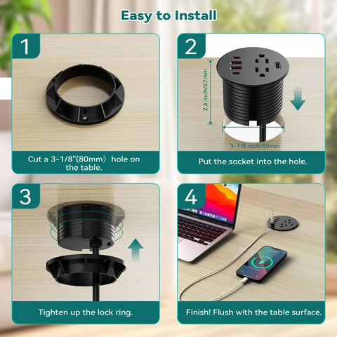 Installation guide for Flush Mount Desk Power Grommet With Two Outlet Jacks And Four Usb Ports Including Dual PD Fast Chargers Plus HDMI Connectivity.