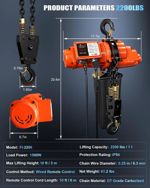 Rock Solid Electric Chain Hoist With Killer 2200 Lbs Capacity, 10 Ft Lift, And Smooth 120V Operation Includes 20 Ft Wired Remote
