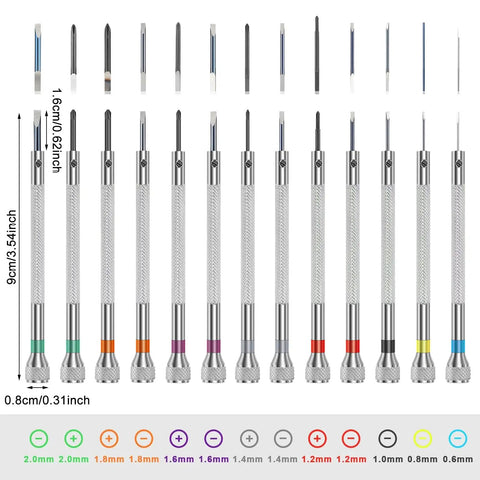 39 Piece Pro Grade Precision Watch Screwdriver Set With Flat And Cross Head Micro Drivers From 0.6 mm To 2.0 mm High Hardness Steel