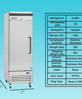 Top Shelf One Door Reach In Freezer Packing 23 Cubic Feet Of Roomy Cold Storage Built Tough For Hustling Commercial Kitchens Featuring Flexible Shelves And Solid Stainless Steel Finish, shown with specifications.
