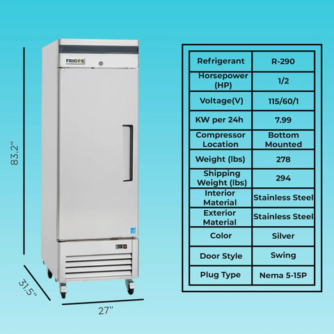 Top Shelf One Door Reach In Freezer Packing 23 Cubic Feet Of Roomy Cold Storage Built Tough For Hustling Commercial Kitchens Featuring Flexible Shelves And Solid Stainless Steel Finish, shown with specifications.