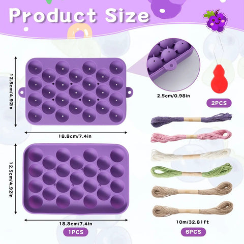 Silicone Grape Soap Mold Kit With Six Colorful Cords And Two Threading Tools for Realistic Grape Soaps, showing size details