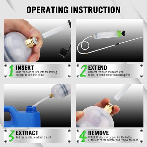 Heavy Duty 500cc Fluid Extractor and Fill Pump for Cars and Lawn Mowers operation instructions with hose and adaptor details