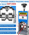 Portable Manual Wire Stripper Machine With Hand Crank Adjustable 0.06 To 1.57 Inch Cable Stripper For Drill Durable Aluminum Construction Great For Scrap Copper Recycling, front view showing cutting mechanism and safety warning label
