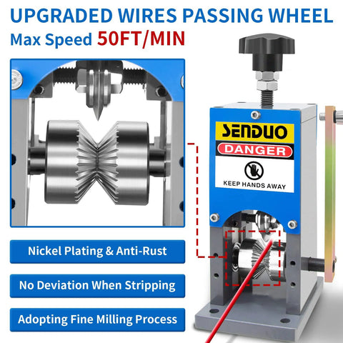 Portable Manual Wire Stripper Machine With Hand Crank Adjustable 0.06 To 1.57 Inch Cable Stripper For Drill Durable Aluminum Construction Great For Scrap Copper Recycling, front view showing cutting mechanism and safety warning label