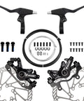 Rock Solid Mountain Bike Mechanical Disc Brake Set With Aluminum Alloy Calipers Front And Rear, includes levers, rotors, and hardware.