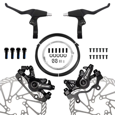 Rock Solid Mountain Bike Mechanical Disc Brake Set With Aluminum Alloy Calipers Front And Rear, includes levers, rotors, and hardware.