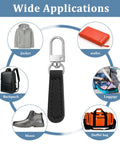 10 Piece Leather Zipper Pull Replacement Kit For Luggage Backpacks Jackets Purses Handbags And Suitcases Durable PU Leather And Zinc Alloy 2.68 X 0.51 X 0.12 Inches Easy No Tool Install shown with wide applications including jacket, wallet, backpack, luggage, shoes, and duffel bag