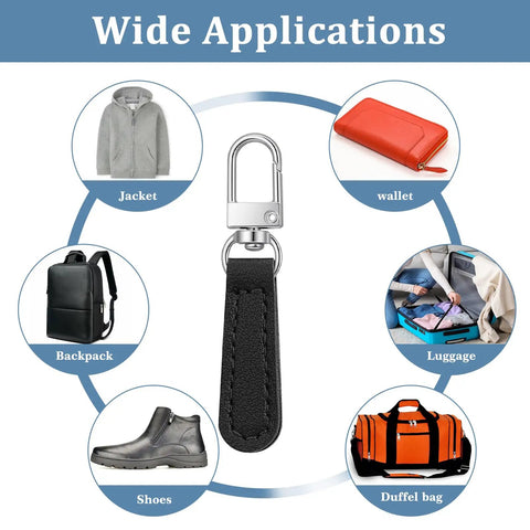 10 Piece Leather Zipper Pull Replacement Kit For Luggage Backpacks Jackets Purses Handbags And Suitcases Durable PU Leather And Zinc Alloy 2.68 X 0.51 X 0.12 Inches Easy No Tool Install shown with wide applications including jacket, wallet, backpack, luggage, shoes, and duffel bag