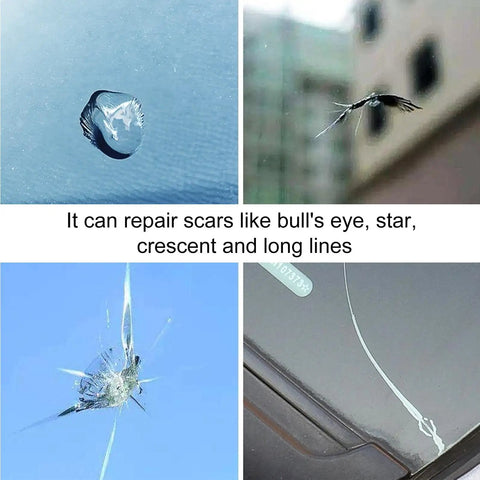 Car Windshield Repair Kit For Chips And Bullseye Cracks Quick Cure Glass Repair For Laminated Automotive Glass And Easy Do It Yourself Crack Fix For Your Car Windshields Reliable All In One Kit showing various crack types on glass.