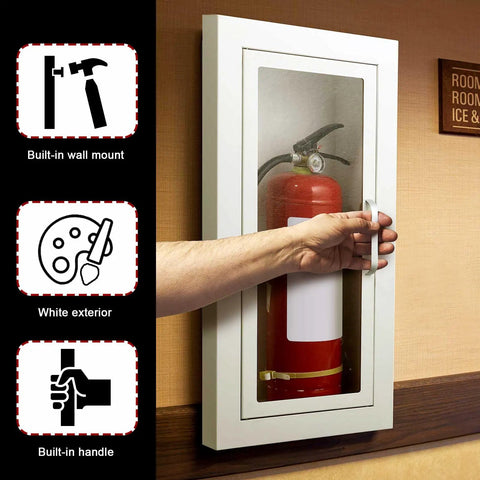 Person using 2 Pack Semi Recessed Fire Extinguisher Cabinet, Heavy Duty Steel Wall Mount With Magnetic Door And Acrylic Window, 2.5 Inch Trim Frame, White Finish, Fits Most 2.5, 5, And 10 Lb Dry Powder Extinguishers, Ideal For Home, Garage, Or Office