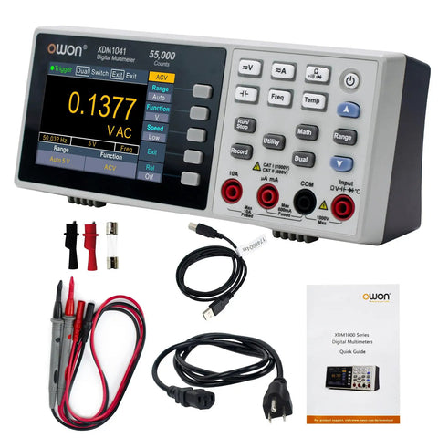 Portable Desktop Digital Multimeter With 3.5 Inch LCD Display For AC And DC Current Voltage And Temperature True RMS Readings Built For Pro Labs Instruments And Factories Ultra Thin And Lightweight For On The Go Use XDM1041 shown with accessories.