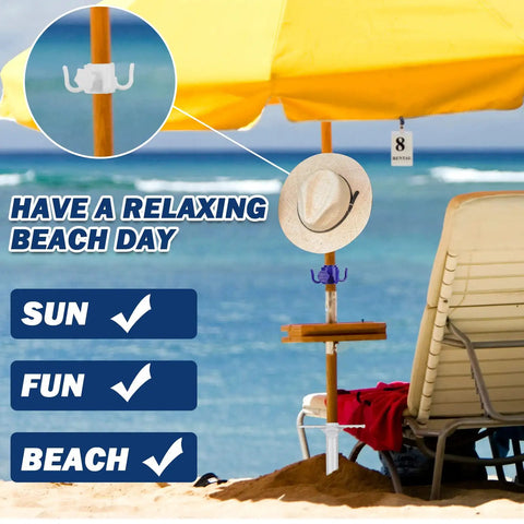 Beach Umbrella Sand Anchor Heavy Duty Outdoor Stand Base With Five Spiral Screws And 2 Pack Umbrella Hooks at a beach setup.