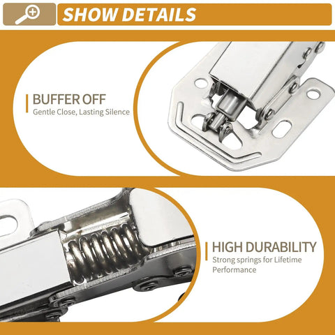 Close-up view of 2-Pack Soft Close Hidden Cabinet Hinges For Kitchen Cabinets Surface Mount No Pre Drill Hydraulic Spring