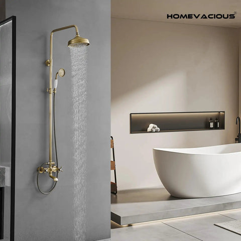 10 Inch Luxury Rain Shower System With Wall Mount Overhead Rain Head And Hand Shower, Brass Valve Body And Trim Included, All Metal Construction In Polished Chrome, Rough In Kit For Easy Spa Like Shower in modern bathroom