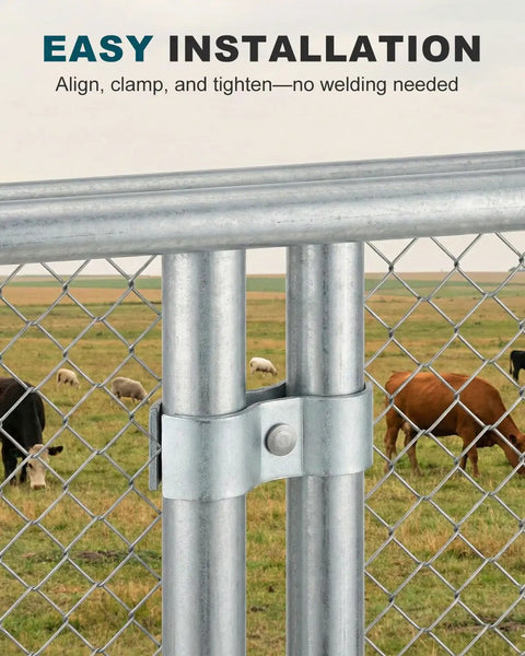 Heavy Duty Chain Link Fence Panel Clamps For 1-5/8 Inch OD Round Pipe Galvanized Dog Kennel Hardware installed on fence