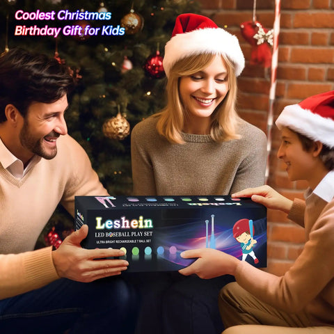 Family exchanging Lit Light Up Tee Ball Set for Toddlers and Kids 3 to 8, Glow in the Dark Baseball Bat and Balls, Christmas setting
