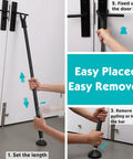 Adjustable 19 To 52 Inch 3 In 1 Door Security Bar For Hinged Or Sliding Doors And Windows Portable Home Security Barricade And Door Stopper Indoor Use demonstration under door knob with hands adjusting length and base securing on floor.