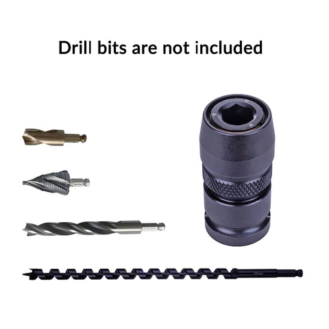 Impact Wrench Adapter One Half Inch Square Drive To Seven Sixteenth Inch Hex Female Quick Change Converter next to various drill bits