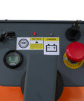 Control panel of Heavy Duty Electric Pallet Stacker with battery indicator and emergency stop button for safety.