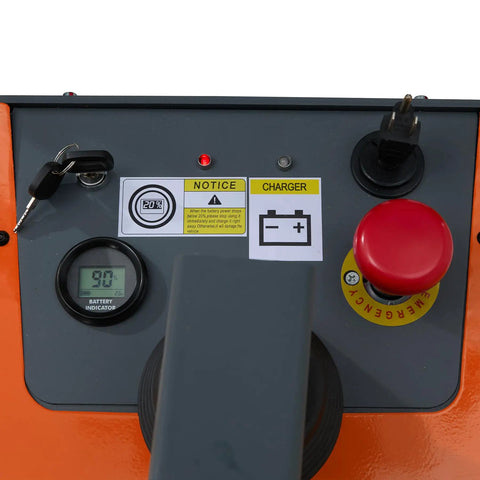 Control panel of Heavy Duty Electric Pallet Stacker with battery indicator and emergency stop button for safety.