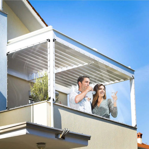 Straight Up Heavy Duty Clear Vinyl Tarp 3X6 Ft Transparent Waterproof Sheet With Reinforced Metal Grommets used on balcony for outdoor shelter.