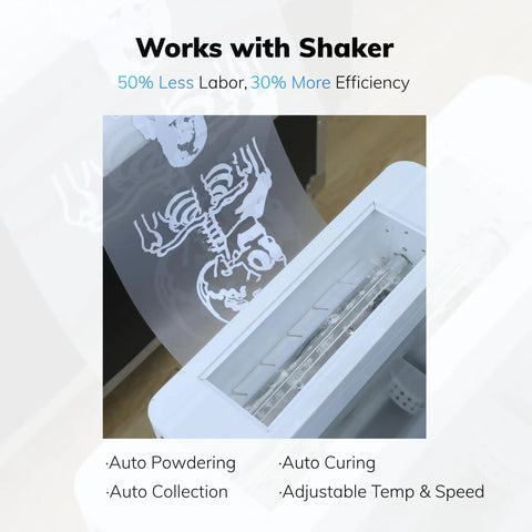 Next Level A3 DTF Printer With XP600 Printhead And Powder Shaker Bundle showing auto powdering feature with white design on film.