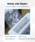 A3 DTF Printer With XP600 Head And White Ink Mixing, Heavy Duty Tshirt Transfer Machine With Powder Shaker, Laptop Bundle showing auto powdering feature.