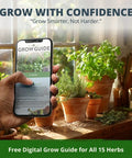 Hand holding phone with herb seed pack guide, plants and pots on windowsill, text: 'Grow with Confidence'
