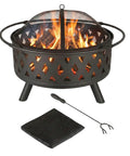 32 Inch Outdoor Wood Fire Pit With Screen, Poker, And Cover For Backyard Hangouts, Deck Or Patio, Durable Powder Coated Steel With Cross Weave Design In Black, showing fire burning.