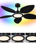 RGB Tropical Outdoor Palm Leaf Ceiling Fans with Light,52”Black Flush Mount, featuring black palm leaf blades and bright LED light.