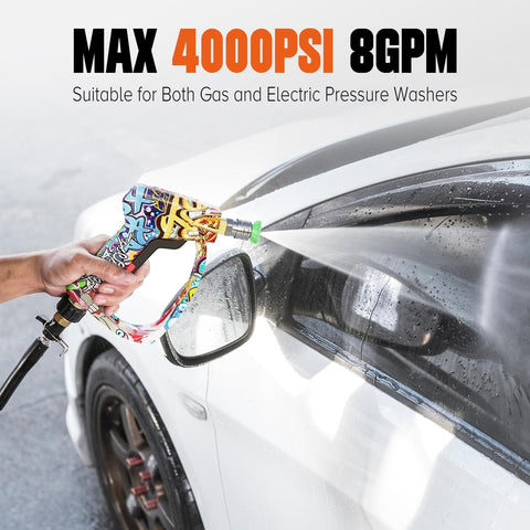 Beast Mode 4000 PSI Pressure Washer Gun cleaning car window, attached to pressure washer, perfect for foam cannon and tough dirt removal
