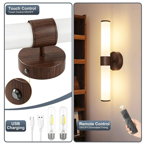 8000mAh Walnut Battery Operated Wall Sconces Set of 2, Dimmable Rechargeable Wall Sconce with Remote, touch control and USB charging features.