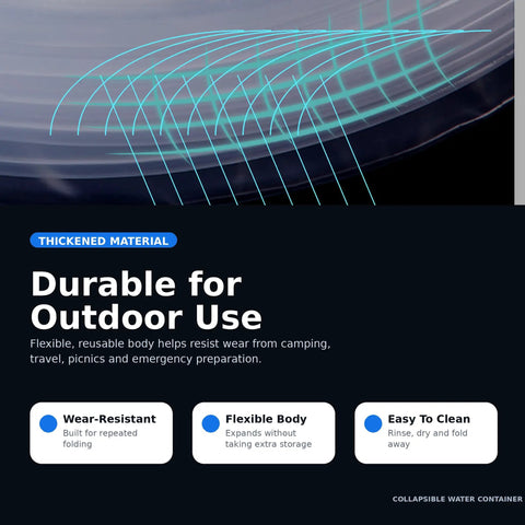 Foldable Water Container With Spigot For Camping And Hiking, emphasizing durable and flexible design for outdoor use.