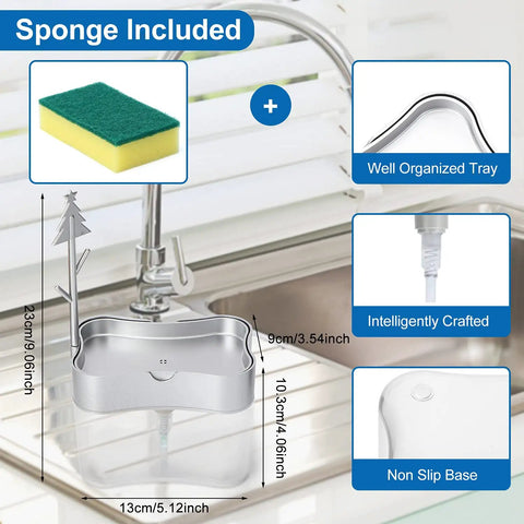 New 2026 Version Soap Dispenser With Added Features For No Fuss Effortless Dish Soap Dispensing In Your Kitchen Sink Large 13 Ounces Capacity Countertop Dish Washing Tool Includes Sponge For Quick Mess Free Cleanup shown in a detailed infographic with dimensions and features.