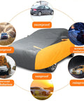 All Weather Car Cover For Sedans, Waterproof And Windproof, UV Sun Protection, Scratch-Resistant, Black Orange cover in use